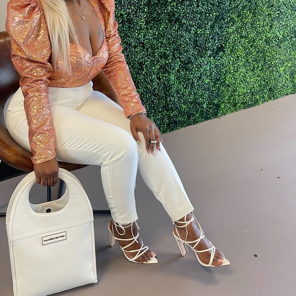 Fashion forward jumpsuit Pink sequined puffed shoulders top classic white pants